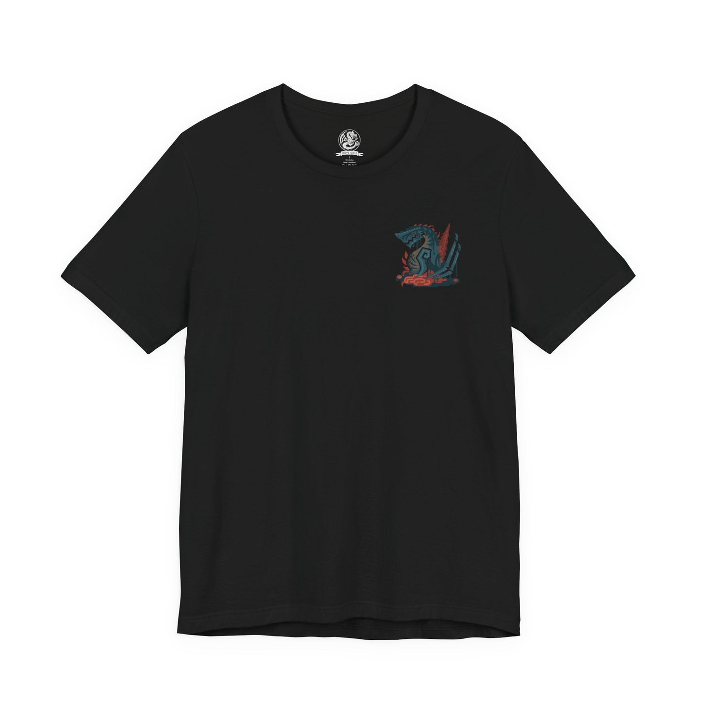 Image 4 of a T-shirt artwork depicting Gogmazios soaring through a smoke-filled sky, its wings coated in thick tar that ignites into blazing fire as it unleashes devastating breath attacks. The battlefield below is consumed by flames and ruin. This design reflects the monster’s overwhelming presence, its siege-breaking strength, and the apocalyptic destruction it brings to fortified cities.