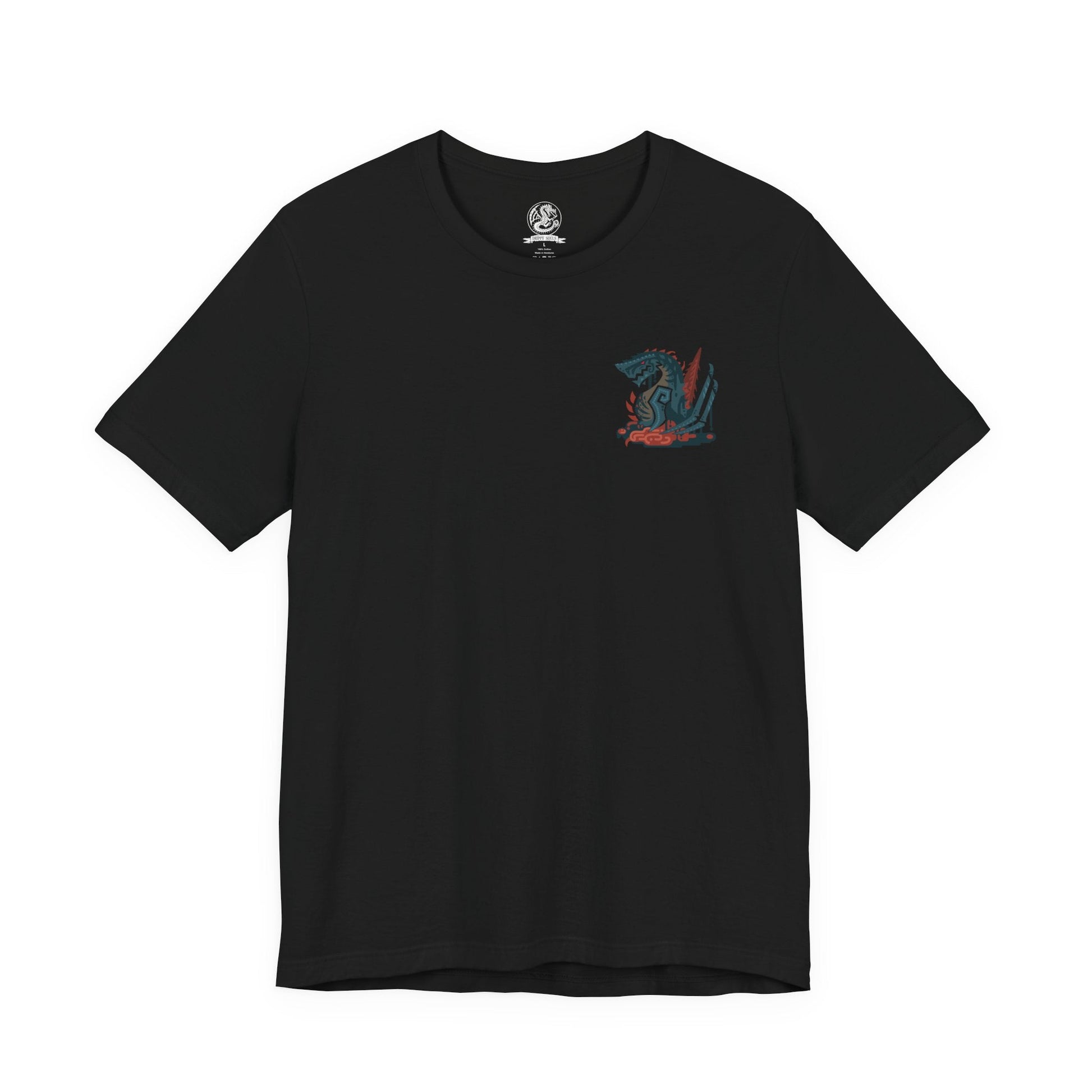 Image 4 of a T-shirt artwork depicting Gogmazios soaring through a smoke-filled sky, its wings coated in thick tar that ignites into blazing fire as it unleashes devastating breath attacks. The battlefield below is consumed by flames and ruin. This design reflects the monster’s overwhelming presence, its siege-breaking strength, and the apocalyptic destruction it brings to fortified cities.