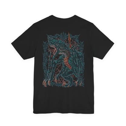 Image 5 of a T-shirt artwork depicting Gogmazios soaring through a smoke-filled sky, its wings coated in thick tar that ignites into blazing fire as it unleashes devastating breath attacks. The battlefield below is consumed by flames and ruin. This design reflects the monster’s overwhelming presence, its siege-breaking strength, and the apocalyptic destruction it brings to fortified cities.