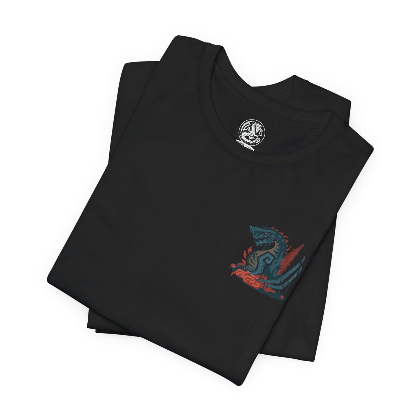 Image 6 of a T-shirt artwork depicting Gogmazios soaring through a smoke-filled sky, its wings coated in thick tar that ignites into blazing fire as it unleashes devastating breath attacks. The battlefield below is consumed by flames and ruin. This design reflects the monster’s overwhelming presence, its siege-breaking strength, and the apocalyptic destruction it brings to fortified cities.