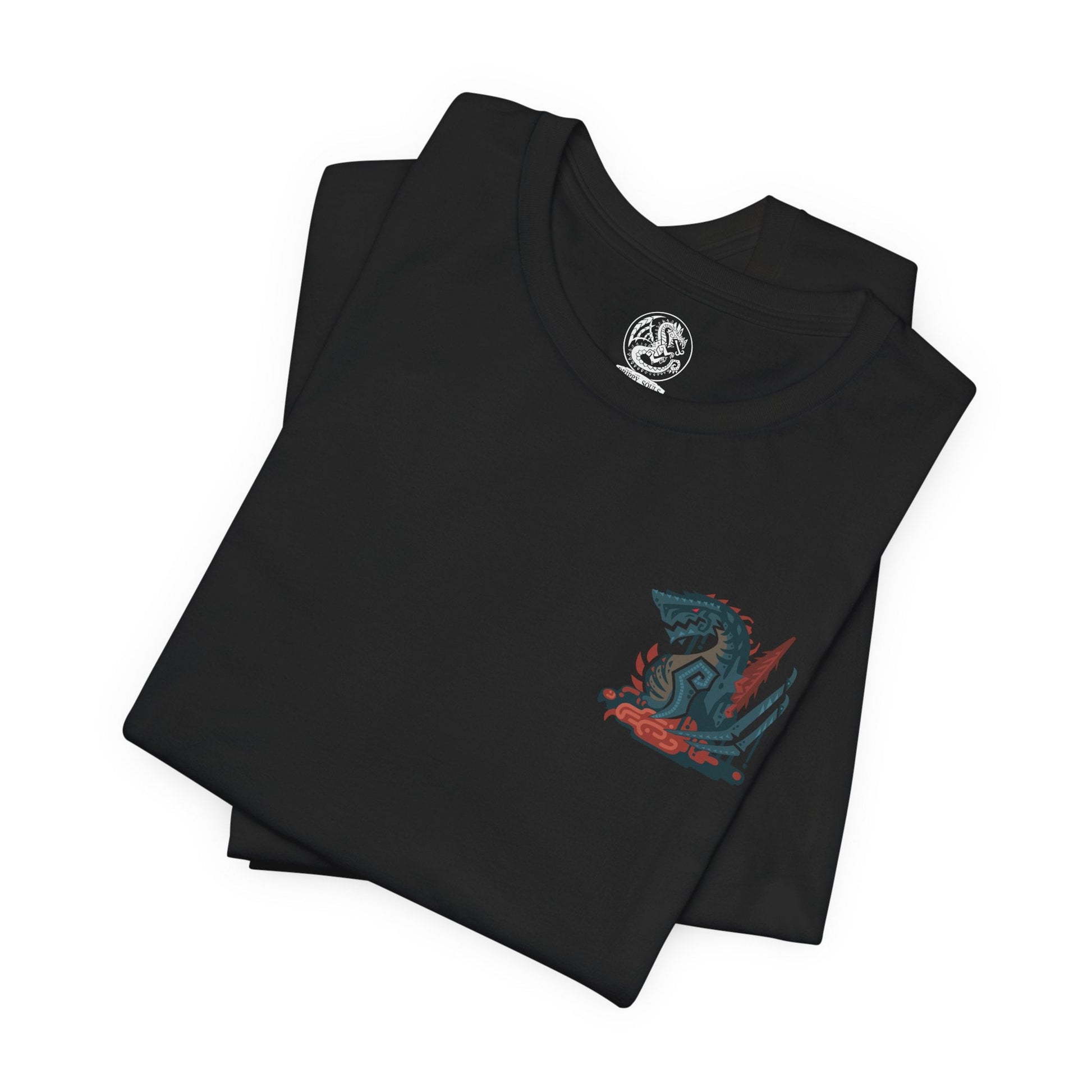 Image 6 of a T-shirt artwork depicting Gogmazios soaring through a smoke-filled sky, its wings coated in thick tar that ignites into blazing fire as it unleashes devastating breath attacks. The battlefield below is consumed by flames and ruin. This design reflects the monster’s overwhelming presence, its siege-breaking strength, and the apocalyptic destruction it brings to fortified cities.