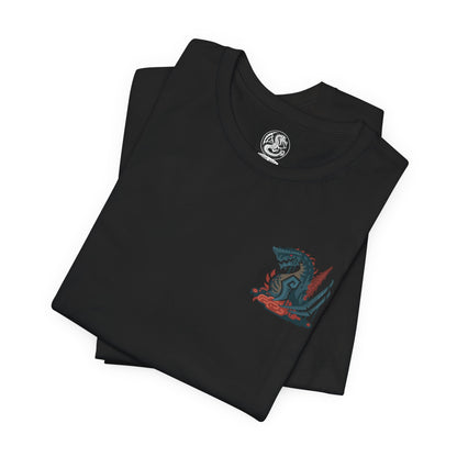 Image 6 of a T-shirt artwork depicting Gogmazios soaring through a smoke-filled sky, its wings coated in thick tar that ignites into blazing fire as it unleashes devastating breath attacks. The battlefield below is consumed by flames and ruin. This design reflects the monster’s overwhelming presence, its siege-breaking strength, and the apocalyptic destruction it brings to fortified cities.