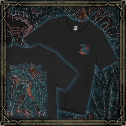 Thumbnail of a T-shirt artwork depicting Gogmazios soaring through a smoke-filled sky, its wings coated in thick tar that ignites into blazing fire as it unleashes devastating breath attacks. The battlefield below is consumed by flames and ruin. This design reflects the monster’s overwhelming presence, its siege-breaking strength, and the apocalyptic destruction it brings to fortified cities.