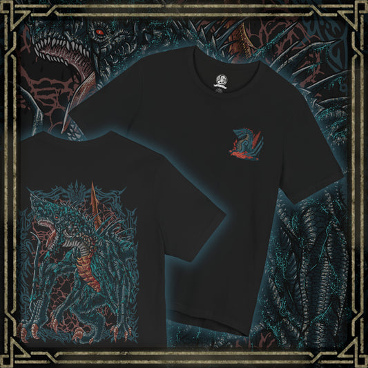 Thumbnail of a T-shirt artwork depicting Gogmazios soaring through a smoke-filled sky, its wings coated in thick tar that ignites into blazing fire as it unleashes devastating breath attacks. The battlefield below is consumed by flames and ruin. This design reflects the monster’s overwhelming presence, its siege-breaking strength, and the apocalyptic destruction it brings to fortified cities.