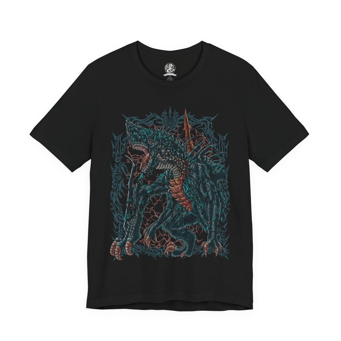 Image 4 of a T-shirt design of Gogmazios from Monster Hunter, the colossal tar-covered Elder Dragon emerging from a burning fortress as black oil drips from its massive wings. Explosive fire ignites across its body while siege weapons lie shattered below. The design captures Gogmazios’ destructive power, blending fire and tar into a terrifying force that engulfs entire strongholds in chaos.