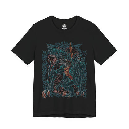 Image 4 of a T-shirt design of Gogmazios from Monster Hunter, the colossal tar-covered Elder Dragon emerging from a burning fortress as black oil drips from its massive wings. Explosive fire ignites across its body while siege weapons lie shattered below. The design captures Gogmazios’ destructive power, blending fire and tar into a terrifying force that engulfs entire strongholds in chaos.