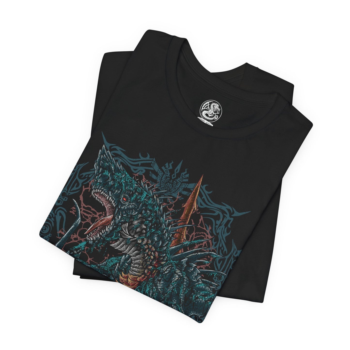 Image 5 of a T-shirt design of Gogmazios from Monster Hunter, the colossal tar-covered Elder Dragon emerging from a burning fortress as black oil drips from its massive wings. Explosive fire ignites across its body while siege weapons lie shattered below. The design captures Gogmazios’ destructive power, blending fire and tar into a terrifying force that engulfs entire strongholds in chaos.