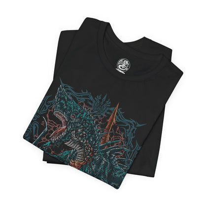 Image 5 of a T-shirt design of Gogmazios from Monster Hunter, the colossal tar-covered Elder Dragon emerging from a burning fortress as black oil drips from its massive wings. Explosive fire ignites across its body while siege weapons lie shattered below. The design captures Gogmazios’ destructive power, blending fire and tar into a terrifying force that engulfs entire strongholds in chaos.