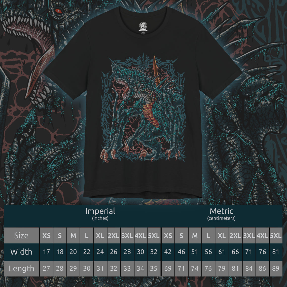 Size chart of a T-shirt design of Gogmazios from Monster Hunter, the colossal tar-covered Elder Dragon emerging from a burning fortress as black oil drips from its massive wings. Explosive fire ignites across its body while siege weapons lie shattered below. The design captures Gogmazios’ destructive power, blending fire and tar into a terrifying force that engulfs entire strongholds in chaos.