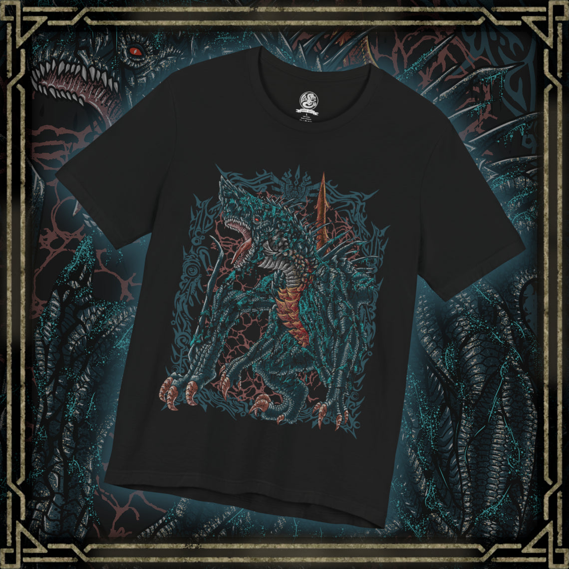 Thumbnail of a T-shirt design of Gogmazios from Monster Hunter, the colossal tar-covered Elder Dragon emerging from a burning fortress as black oil drips from its massive wings. Explosive fire ignites across its body while siege weapons lie shattered below. The design captures Gogmazios’ destructive power, blending fire and tar into a terrifying force that engulfs entire strongholds in chaos.
