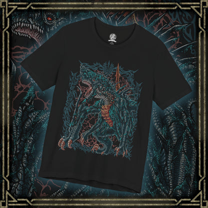 Thumbnail of a T-shirt design of Gogmazios from Monster Hunter, the colossal tar-covered Elder Dragon emerging from a burning fortress as black oil drips from its massive wings. Explosive fire ignites across its body while siege weapons lie shattered below. The design captures Gogmazios’ destructive power, blending fire and tar into a terrifying force that engulfs entire strongholds in chaos.
