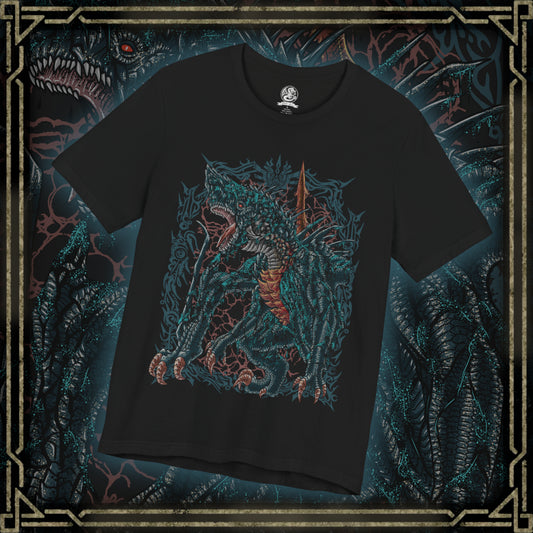 Thumbnail of a T-shirt design of Gogmazios from Monster Hunter, the colossal tar-covered Elder Dragon emerging from a burning fortress as black oil drips from its massive wings. Explosive fire ignites across its body while siege weapons lie shattered below. The design captures Gogmazios’ destructive power, blending fire and tar into a terrifying force that engulfs entire strongholds in chaos.