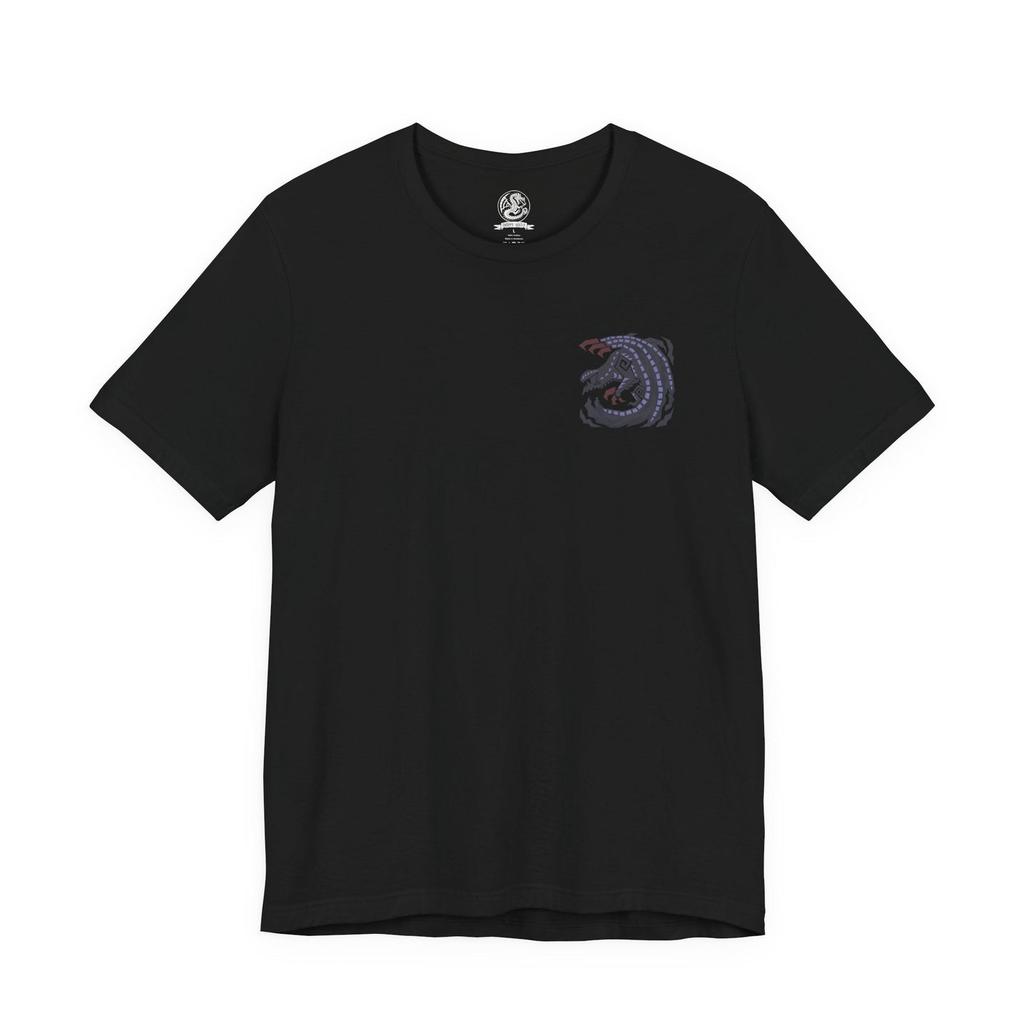 Image 4 of a T-shirt artwork depicting Gore Magala unleashing the Frenzy virus across a ruined battlefield, its dark wings casting a suffocating shadow over hunters below. Purple energy pulses through its body as scales scatter like ash in the wind. This design reflects the monster’s role as a harbinger of madness and transformation, corrupting everything caught within its ominous presence.