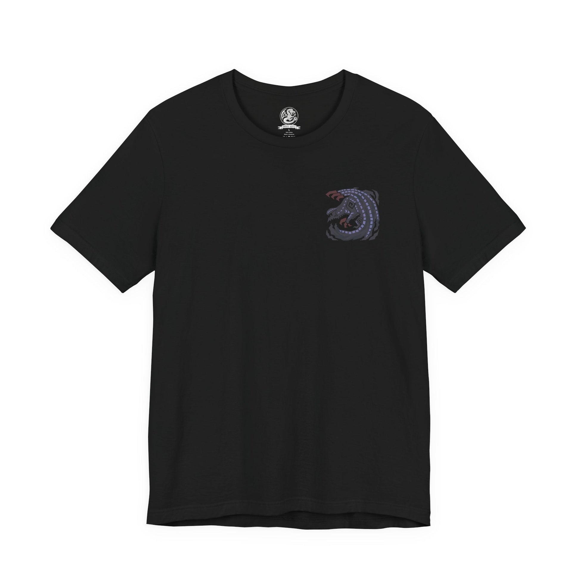 Image 4 of a T-shirt artwork depicting Gore Magala unleashing the Frenzy virus across a ruined battlefield, its dark wings casting a suffocating shadow over hunters below. Purple energy pulses through its body as scales scatter like ash in the wind. This design reflects the monster’s role as a harbinger of madness and transformation, corrupting everything caught within its ominous presence.