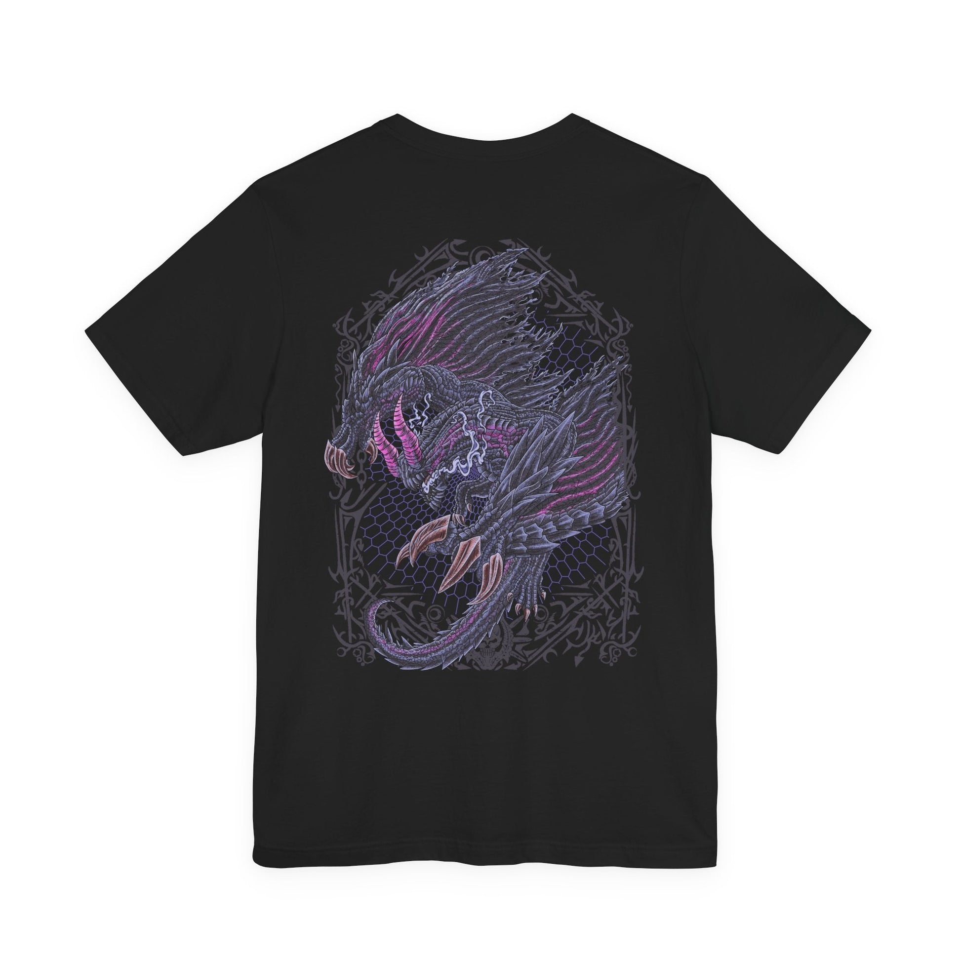 Image 5 of a T-shirt artwork depicting Gore Magala unleashing the Frenzy virus across a ruined battlefield, its dark wings casting a suffocating shadow over hunters below. Purple energy pulses through its body as scales scatter like ash in the wind. This design reflects the monster’s role as a harbinger of madness and transformation, corrupting everything caught within its ominous presence.