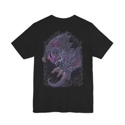 Image 5 of a T-shirt artwork depicting Gore Magala unleashing the Frenzy virus across a ruined battlefield, its dark wings casting a suffocating shadow over hunters below. Purple energy pulses through its body as scales scatter like ash in the wind. This design reflects the monster’s role as a harbinger of madness and transformation, corrupting everything caught within its ominous presence.
