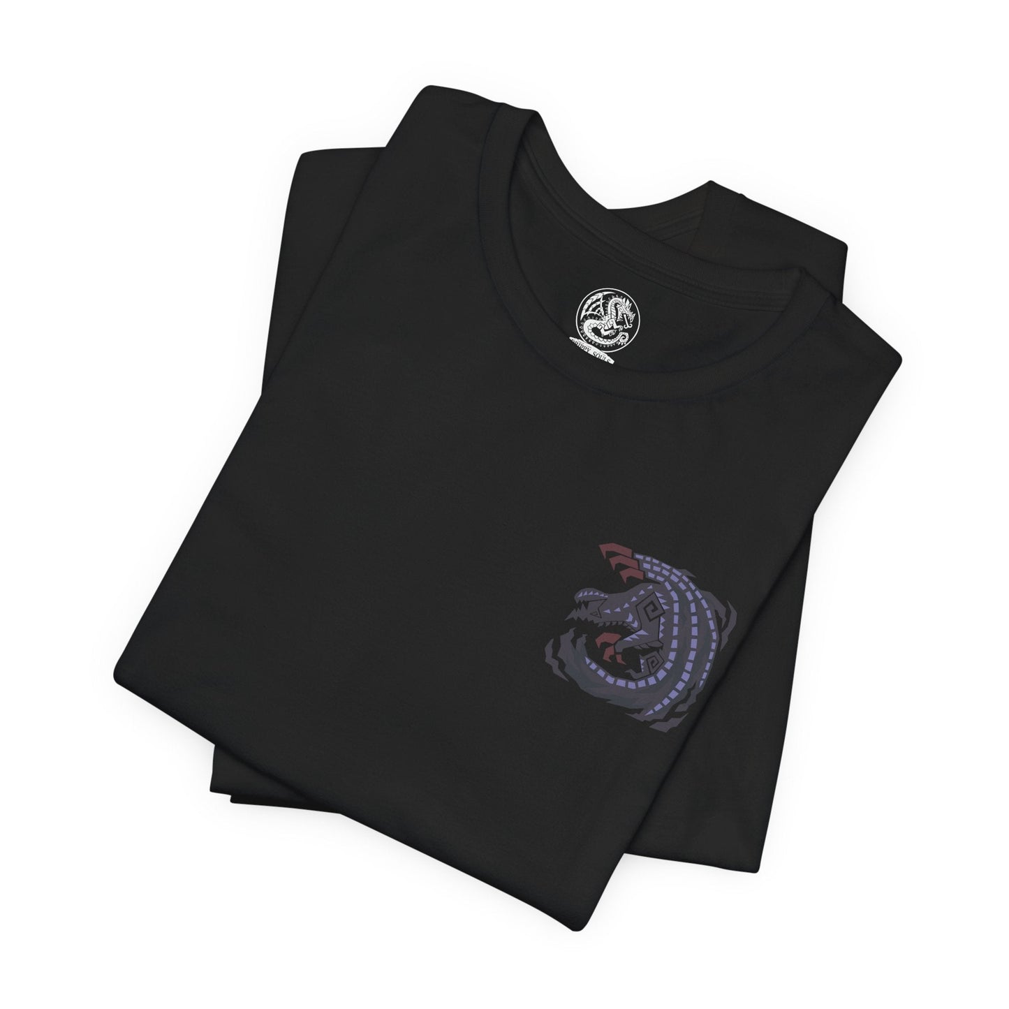 Image 6 of a T-shirt artwork depicting Gore Magala unleashing the Frenzy virus across a ruined battlefield, its dark wings casting a suffocating shadow over hunters below. Purple energy pulses through its body as scales scatter like ash in the wind. This design reflects the monster’s role as a harbinger of madness and transformation, corrupting everything caught within its ominous presence.