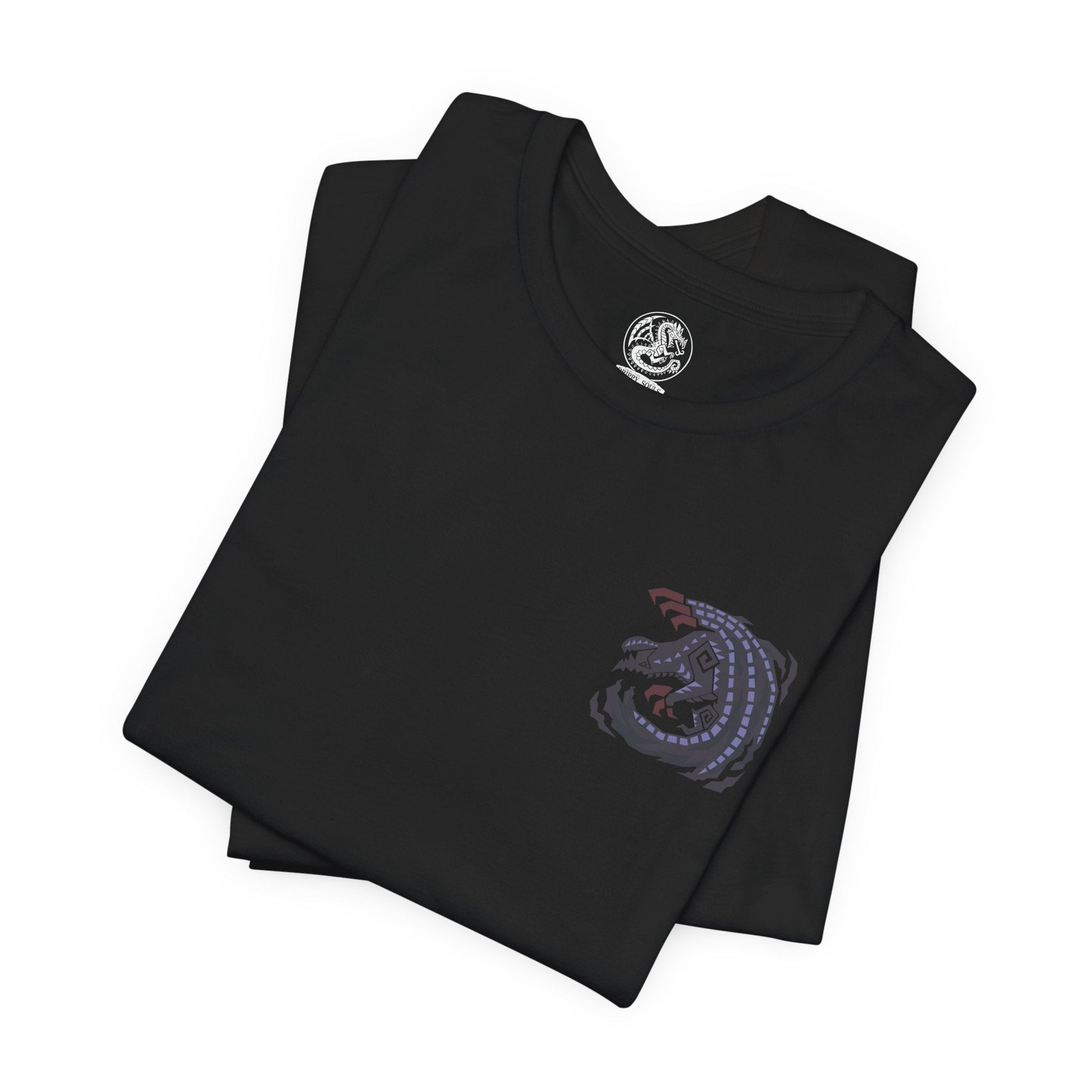 Image 6 of a T-shirt artwork depicting Gore Magala unleashing the Frenzy virus across a ruined battlefield, its dark wings casting a suffocating shadow over hunters below. Purple energy pulses through its body as scales scatter like ash in the wind. This design reflects the monster’s role as a harbinger of madness and transformation, corrupting everything caught within its ominous presence.