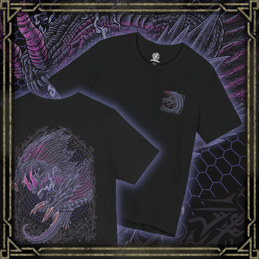 Thumbnail of a T-shirt artwork depicting Gore Magala unleashing the Frenzy virus across a ruined battlefield, its dark wings casting a suffocating shadow over hunters below. Purple energy pulses through its body as scales scatter like ash in the wind. This design reflects the monster’s role as a harbinger of madness and transformation, corrupting everything caught within its ominous presence.