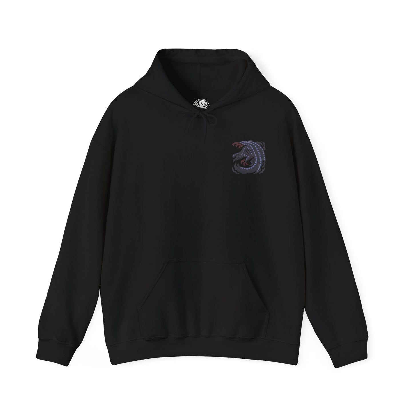 Image 4 of a Hooded Sweatshirt of Gore Magala gliding through a storm-dark sky, its massive wings trailing black particles while glowing violet energy radiates from its core. The environment twists under the influence of the Frenzy virus, symbolizing decay and mutation. The composition emphasizes fear, mystery, and the overwhelming power of one of Monster Hunter’s most iconic and unsettling creatures.