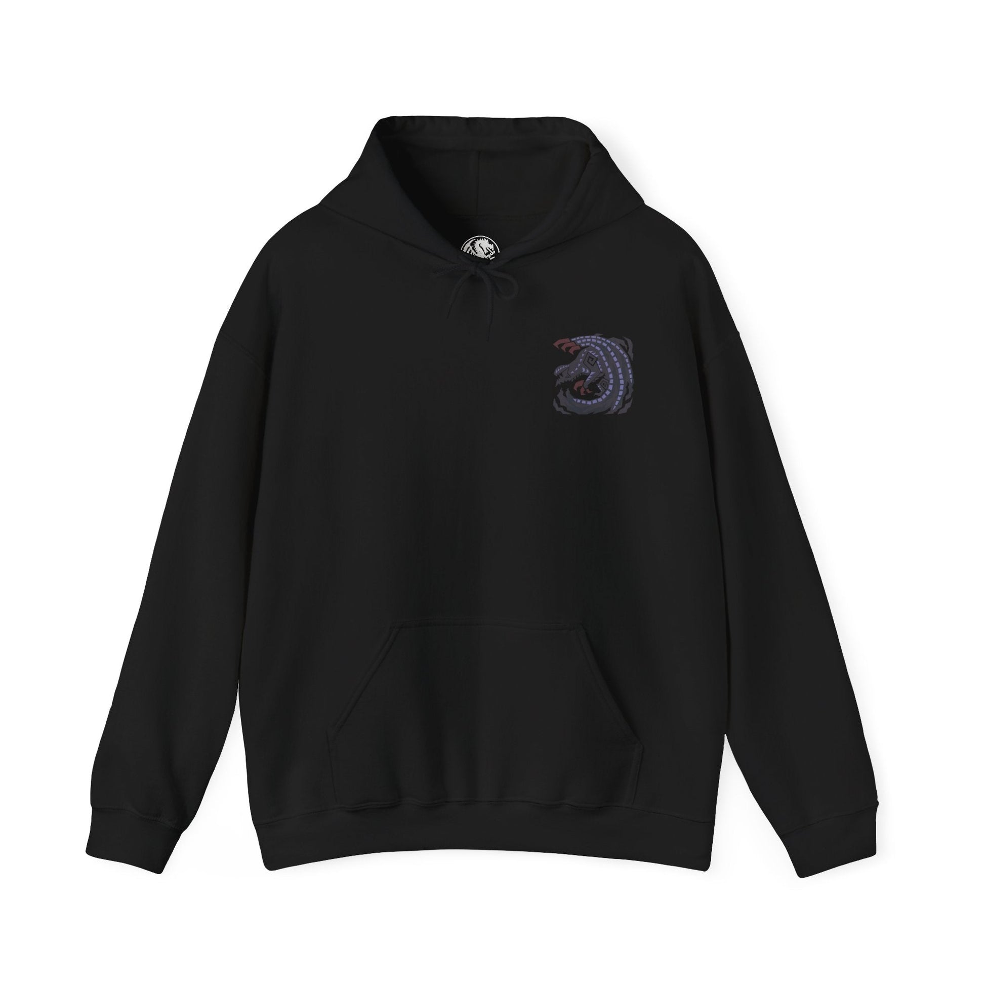 Image 4 of a Hooded Sweatshirt of Gore Magala gliding through a storm-dark sky, its massive wings trailing black particles while glowing violet energy radiates from its core. The environment twists under the influence of the Frenzy virus, symbolizing decay and mutation. The composition emphasizes fear, mystery, and the overwhelming power of one of Monster Hunter’s most iconic and unsettling creatures.