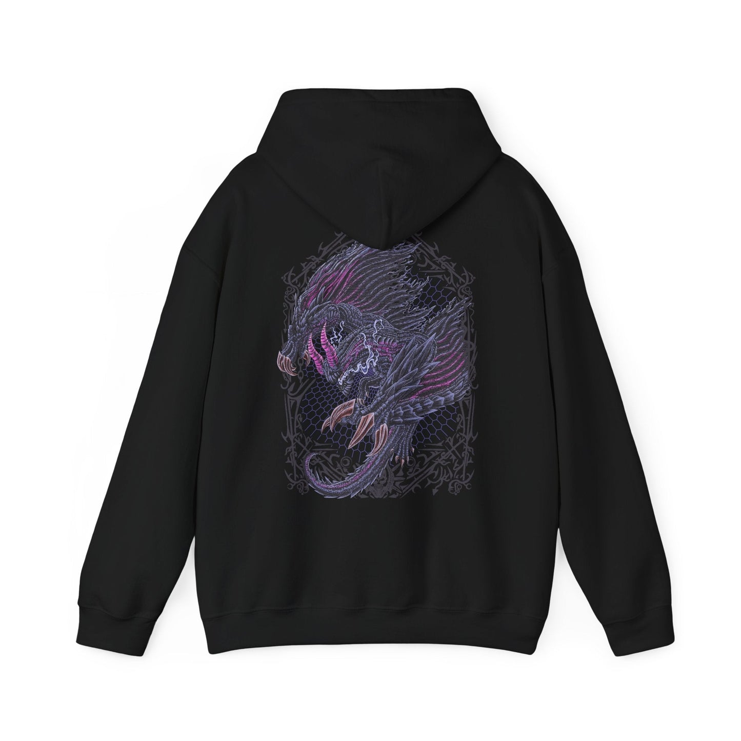 Image 5 of a Hooded Sweatshirt of Gore Magala gliding through a storm-dark sky, its massive wings trailing black particles while glowing violet energy radiates from its core. The environment twists under the influence of the Frenzy virus, symbolizing decay and mutation. The composition emphasizes fear, mystery, and the overwhelming power of one of Monster Hunter’s most iconic and unsettling creatures.