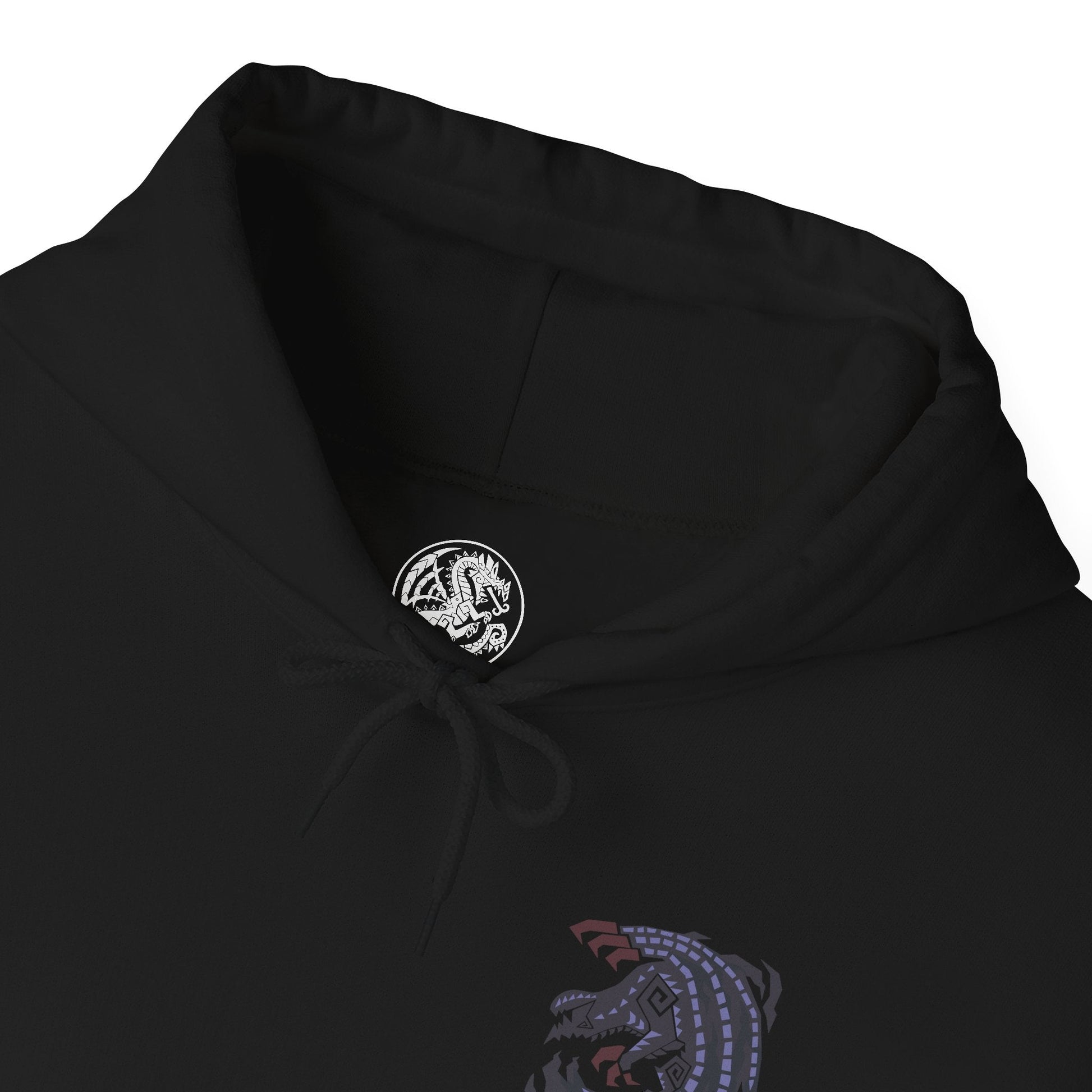 Folded Hooded Sweatshirt of Gore Magala gliding through a storm-dark sky, its massive wings trailing black particles while glowing violet energy radiates from its core. The environment twists under the influence of the Frenzy virus, symbolizing decay and mutation. The composition emphasizes fear, mystery, and the overwhelming power of one of Monster Hunter’s most iconic and unsettling creatures.
