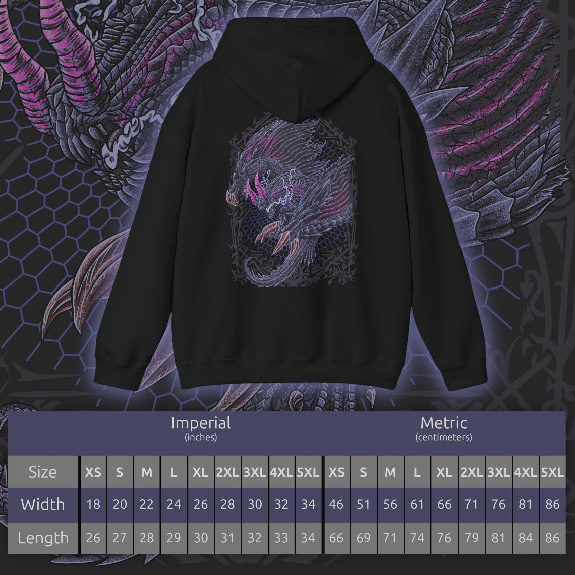 Size chart of a Hooded Sweatshirt of Gore Magala gliding through a storm-dark sky, its massive wings trailing black particles while glowing violet energy radiates from its core. The environment twists under the influence of the Frenzy virus, symbolizing decay and mutation. The composition emphasizes fear, mystery, and the overwhelming power of one of Monster Hunter’s most iconic and unsettling creatures.