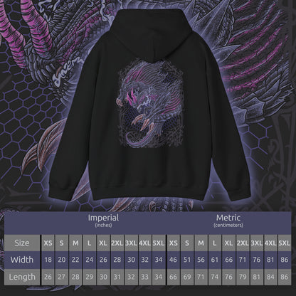 Size chart of a Hooded Sweatshirt of Gore Magala gliding through a storm-dark sky, its massive wings trailing black particles while glowing violet energy radiates from its core. The environment twists under the influence of the Frenzy virus, symbolizing decay and mutation. The composition emphasizes fear, mystery, and the overwhelming power of one of Monster Hunter’s most iconic and unsettling creatures.