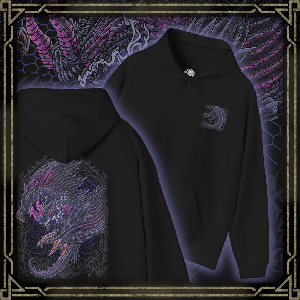 Thumbnail of a Hooded Sweatshirt of Gore Magala gliding through a storm-dark sky, its massive wings trailing black particles while glowing violet energy radiates from its core. The environment twists under the influence of the Frenzy virus, symbolizing decay and mutation. The composition emphasizes fear, mystery, and the overwhelming power of one of Monster Hunter’s most iconic and unsettling creatures.