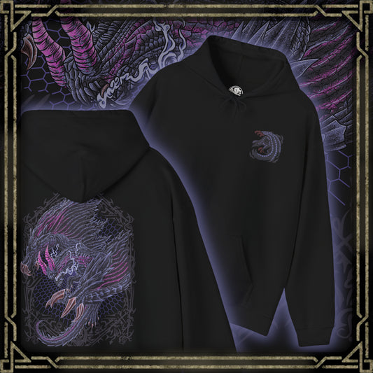 Thumbnail of a Hooded Sweatshirt of Gore Magala gliding through a storm-dark sky, its massive wings trailing black particles while glowing violet energy radiates from its core. The environment twists under the influence of the Frenzy virus, symbolizing decay and mutation. The composition emphasizes fear, mystery, and the overwhelming power of one of Monster Hunter’s most iconic and unsettling creatures.