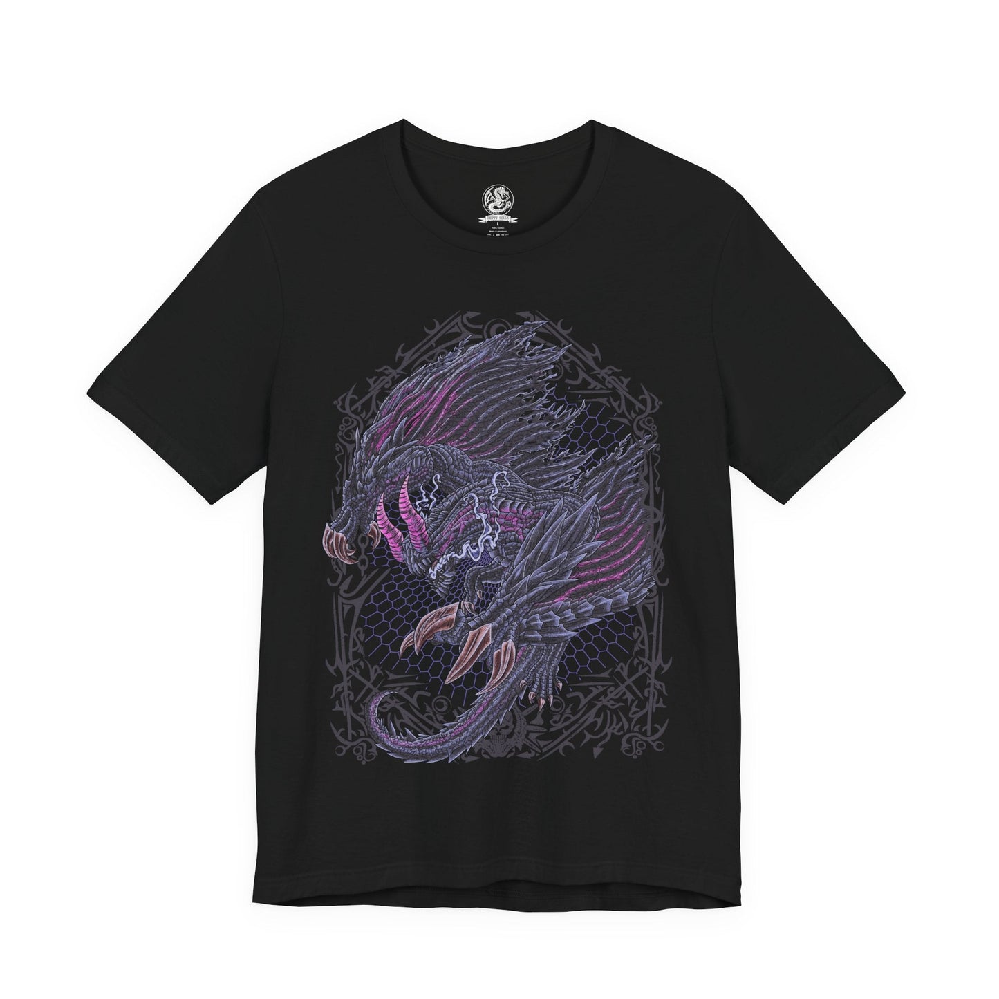 Image 4 of a T-shirt design of Gore Magala from Monster Hunter, emerging from a storm of black scales and violet Frenzy virus energy. Its eyeless, shadow-draped form spreads massive wings as tendrils of darkness coil around its body. The design captures the eerie mystery of this unknown elder dragon, embodying chaos, infection, and the creeping dread of the Frenzy spreading across the land.