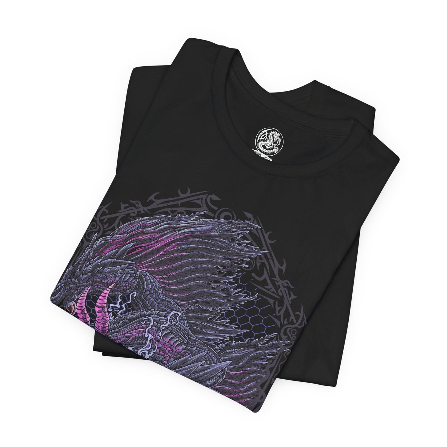 Image 5 of a T-shirt design of Gore Magala from Monster Hunter, emerging from a storm of black scales and violet Frenzy virus energy. Its eyeless, shadow-draped form spreads massive wings as tendrils of darkness coil around its body. The design captures the eerie mystery of this unknown elder dragon, embodying chaos, infection, and the creeping dread of the Frenzy spreading across the land.