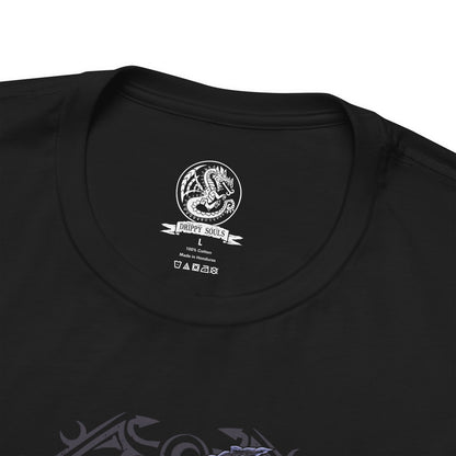 Folded T-shirt design of Gore Magala from Monster Hunter, emerging from a storm of black scales and violet Frenzy virus energy. Its eyeless, shadow-draped form spreads massive wings as tendrils of darkness coil around its body. The design captures the eerie mystery of this unknown elder dragon, embodying chaos, infection, and the creeping dread of the Frenzy spreading across the land.