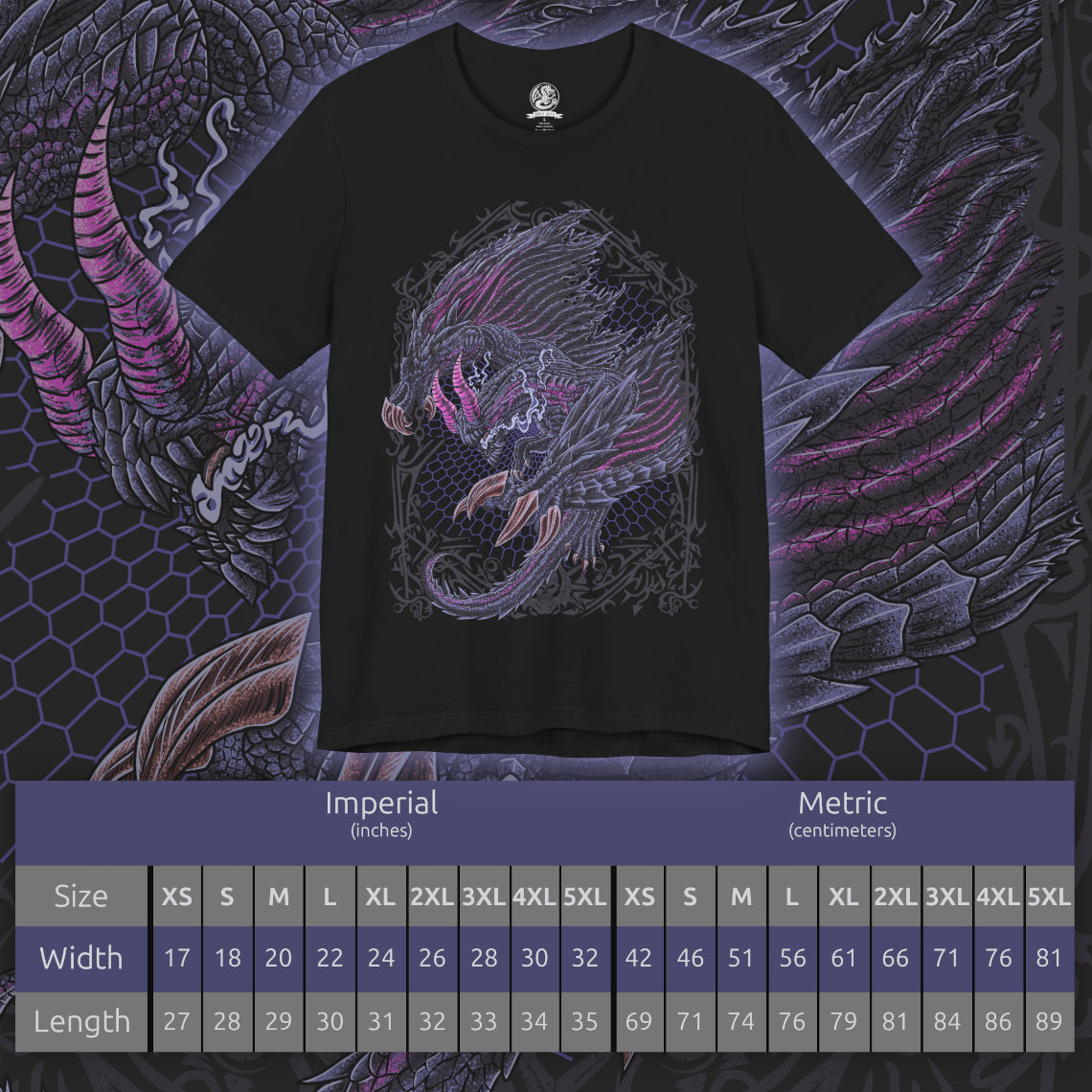 Size chart of a T-shirt design of Gore Magala from Monster Hunter, emerging from a storm of black scales and violet Frenzy virus energy. Its eyeless, shadow-draped form spreads massive wings as tendrils of darkness coil around its body. The design captures the eerie mystery of this unknown elder dragon, embodying chaos, infection, and the creeping dread of the Frenzy spreading across the land.