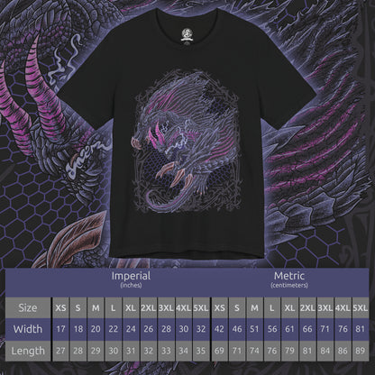 Size chart of a T-shirt design of Gore Magala from Monster Hunter, emerging from a storm of black scales and violet Frenzy virus energy. Its eyeless, shadow-draped form spreads massive wings as tendrils of darkness coil around its body. The design captures the eerie mystery of this unknown elder dragon, embodying chaos, infection, and the creeping dread of the Frenzy spreading across the land.