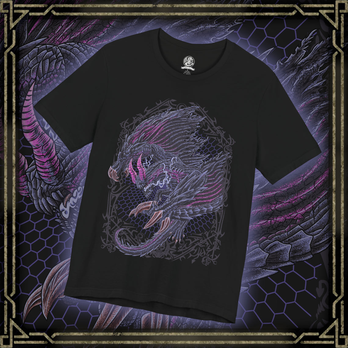 Thumbnail of a T-shirt design of Gore Magala from Monster Hunter, emerging from a storm of black scales and violet Frenzy virus energy. Its eyeless, shadow-draped form spreads massive wings as tendrils of darkness coil around its body. The design captures the eerie mystery of this unknown elder dragon, embodying chaos, infection, and the creeping dread of the Frenzy spreading across the land.