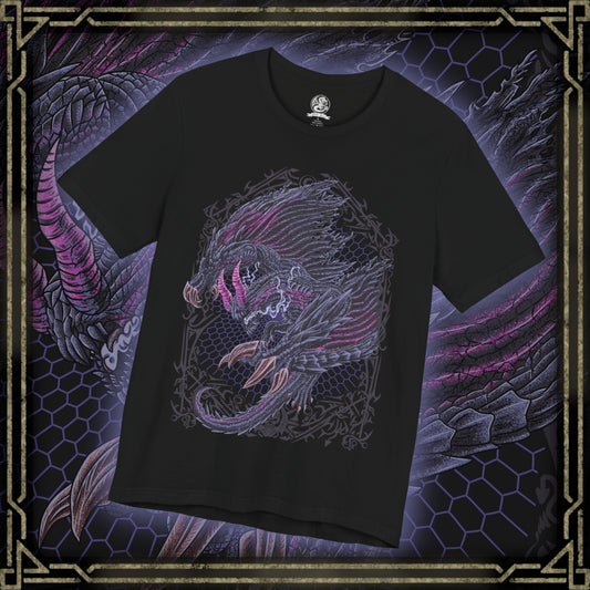 Thumbnail of a T-shirt design of Gore Magala from Monster Hunter, emerging from a storm of black scales and violet Frenzy virus energy. Its eyeless, shadow-draped form spreads massive wings as tendrils of darkness coil around its body. The design captures the eerie mystery of this unknown elder dragon, embodying chaos, infection, and the creeping dread of the Frenzy spreading across the land.