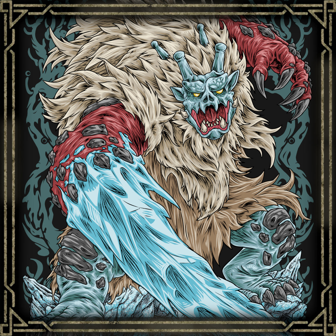 Artwork of Goss Harag the Snow Oni. Goss Harag is a fearsome Fanged Beast that roams the frozen Frost Islands in Monster Hunter Rise. Inspired by the terrifying Namahage of Japanese folklore, this monster can exhale freezing air and create deadly ice blades and crushing frozen weapons around its arms. Its relentless aggression and chilling appearance make it one of the most intimidating inhabitants of the frozen wilderness.