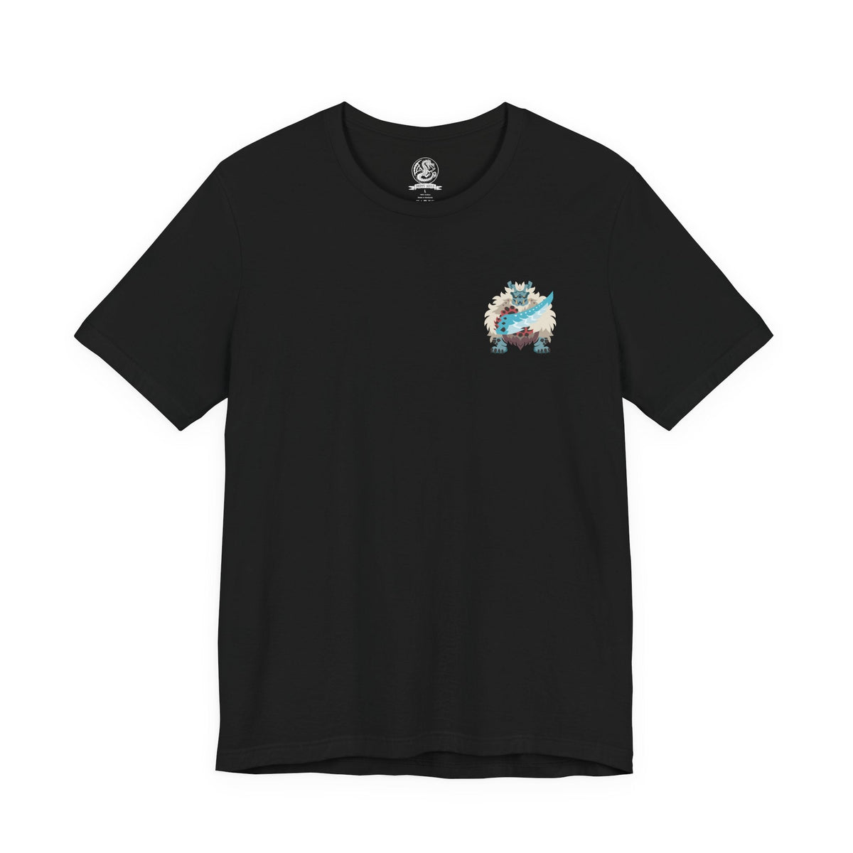 Image 4 of a Double-sided Monster Hunter Rise T-shirt featuring Goss Harag, the enormous white-furred Fanged Beast wielding frozen blades and ice clubs, with dark fantasy monster artwork inspired by the Frost Islands.