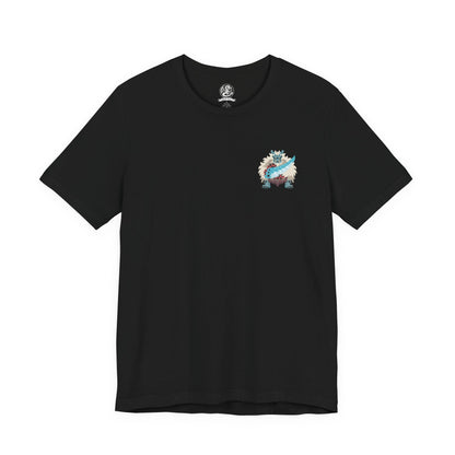 Image 4 of a Double-sided Monster Hunter Rise T-shirt featuring Goss Harag, the enormous white-furred Fanged Beast wielding frozen blades and ice clubs, with dark fantasy monster artwork inspired by the Frost Islands.
