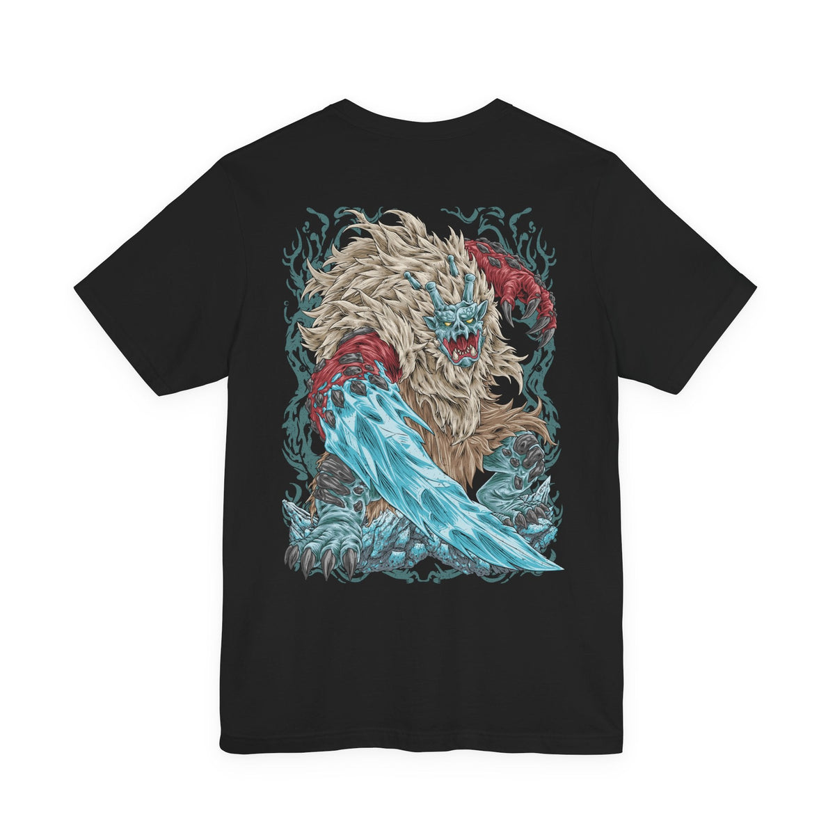Image 5 of a Double-sided Monster Hunter Rise T-shirt featuring Goss Harag, the enormous white-furred Fanged Beast wielding frozen blades and ice clubs, with dark fantasy monster artwork inspired by the Frost Islands.