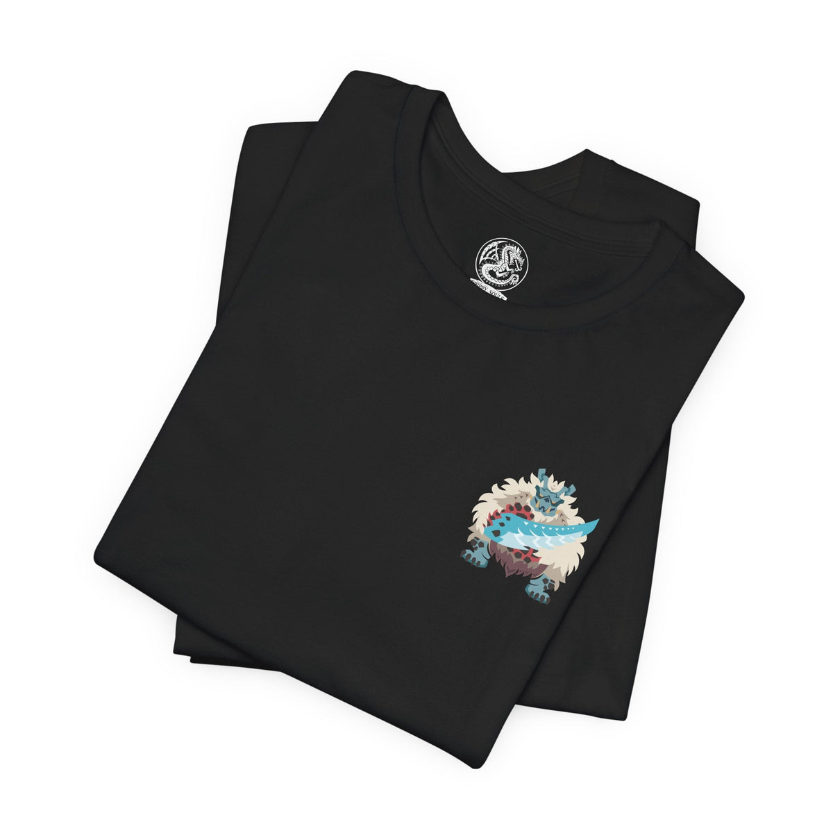 Image 6 of a Double-sided Monster Hunter Rise T-shirt featuring Goss Harag, the enormous white-furred Fanged Beast wielding frozen blades and ice clubs, with dark fantasy monster artwork inspired by the Frost Islands.