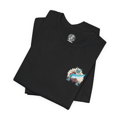 Image 6 of a Double-sided Monster Hunter Rise T-shirt featuring Goss Harag, the enormous white-furred Fanged Beast wielding frozen blades and ice clubs, with dark fantasy monster artwork inspired by the Frost Islands.