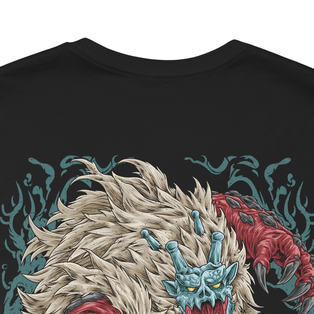 Image 7 of a Double-sided Monster Hunter Rise T-shirt featuring Goss Harag, the enormous white-furred Fanged Beast wielding frozen blades and ice clubs, with dark fantasy monster artwork inspired by the Frost Islands.
