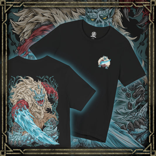 Thumbnail of a Double-sided Monster Hunter Rise T-shirt featuring Goss Harag, the enormous white-furred Fanged Beast wielding frozen blades and ice clubs, with dark fantasy monster artwork inspired by the Frost Islands.