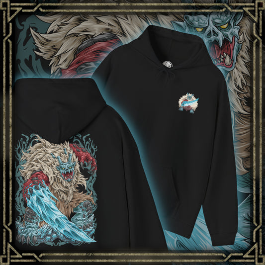 Thumbnail of a Hooded sweatshirt featuring Goss Harag from Monster Hunter Rise, displaying the terrifying white-furred Fanged Beast with massive ice blades and frozen weapons, capturing the savage atmosphere of the Frost Islands.