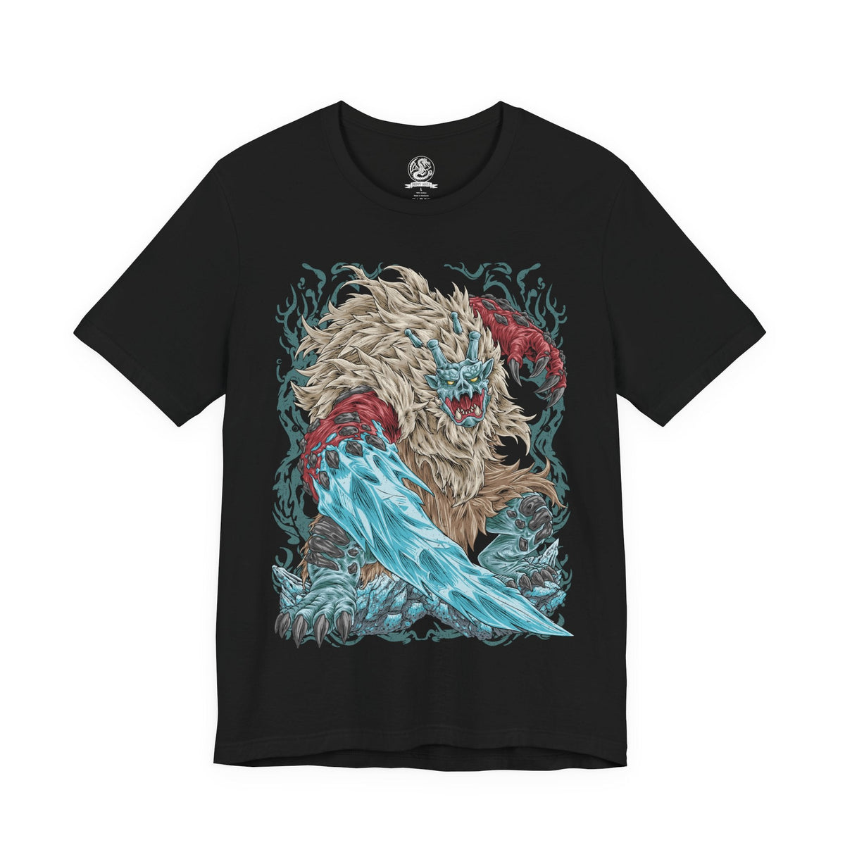Image 4 of a T-shirt featuring Goss Harag from Monster Hunter Rise, showcasing the massive white-furred Fanged Beast with its terrifying frozen blades and icy weapons, inspired by Japanese folklore and the frozen Frost Islands.