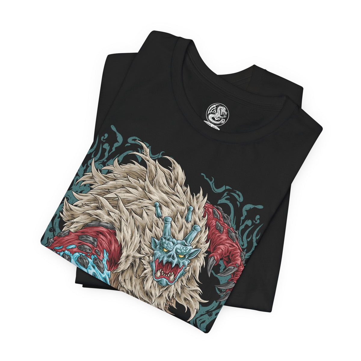 Image 5 of a T-shirt featuring Goss Harag from Monster Hunter Rise, showcasing the massive white-furred Fanged Beast with its terrifying frozen blades and icy weapons, inspired by Japanese folklore and the frozen Frost Islands.