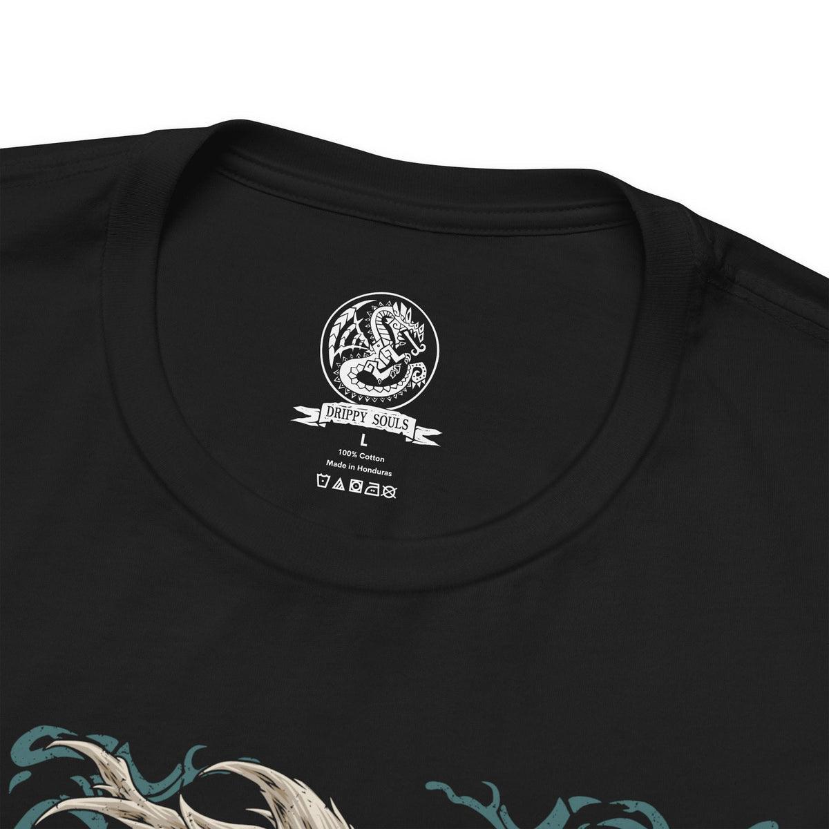 Folded T-shirt featuring Goss Harag from Monster Hunter Rise, showcasing the massive white-furred Fanged Beast with its terrifying frozen blades and icy weapons, inspired by Japanese folklore and the frozen Frost Islands.